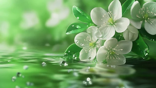White spring blossoms with dew drops in soft green light.