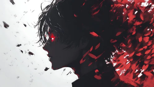 Crimson-eyed silhouette dissolving into storm-torn embers.