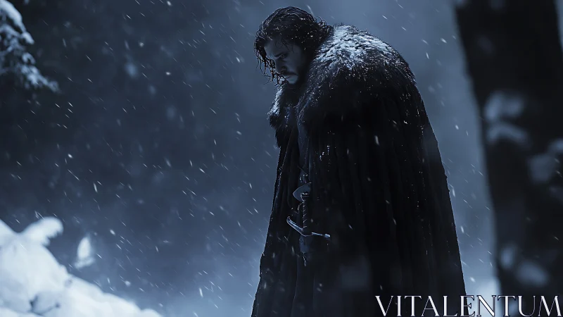 Brooding warrior stands alone in a storm-lashed winter forest