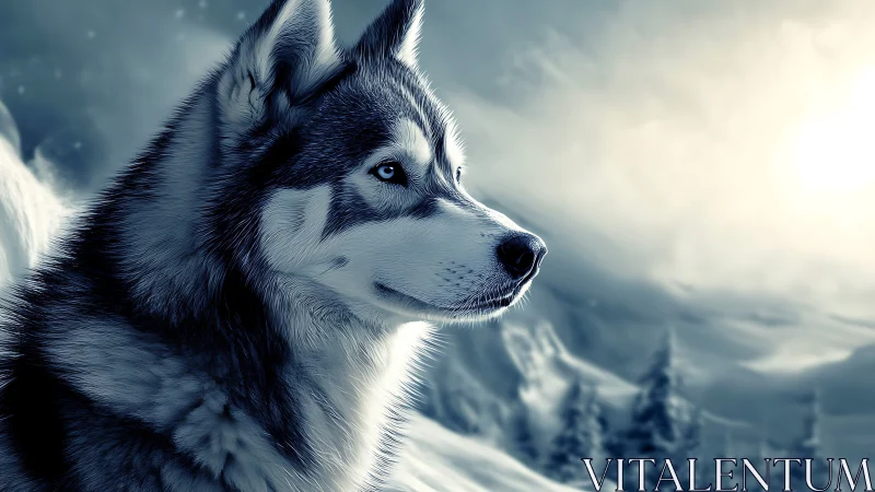 Blue-eyed husky profile in high-contrast arctic backlight