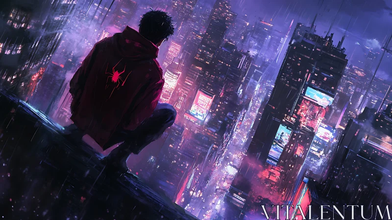 Lone vigilante surveys neon-soaked cyberpunk skyline at night