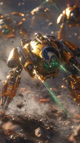 Combat mech charges through fiery battlefield under fire