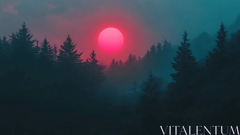 Neon pink sun descends over dense misty conifer forest