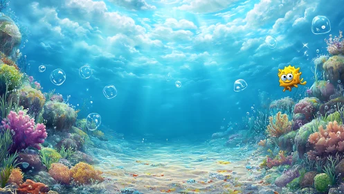 Cartoon pufferfish drifts above sunlit coral seabed