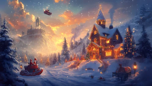 Enchanting Christmas cottage glows amid snowy twilight forest