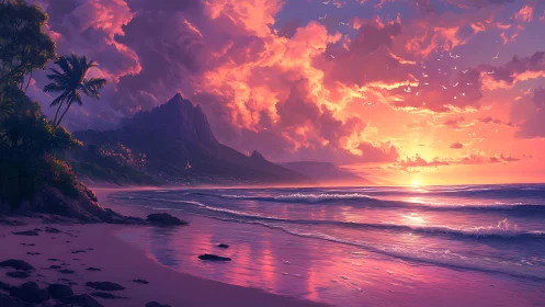 Spectral-luminance coastal sunset with mountainous shoreline panorama.