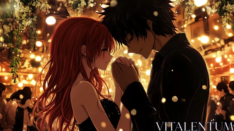 Soft lights cradle a tender anime couple in quiet romance