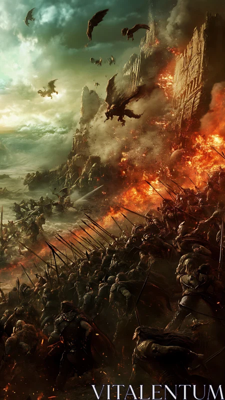 Epic Dragon Siege on Fortress Engulfed in Flames.