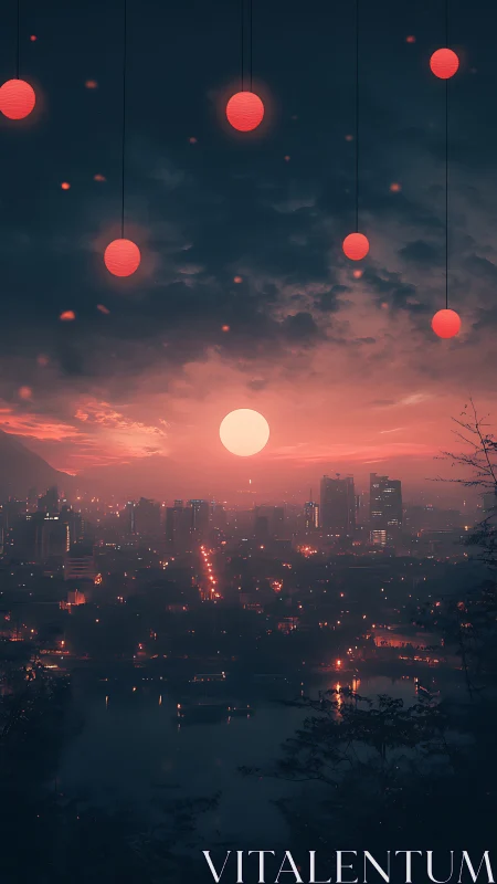 Digital dusk metropolis with suspended lantern orbs composition.
