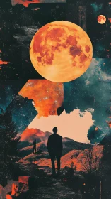 Lone stargazer beneath a burning lunar eclipse skyscape.