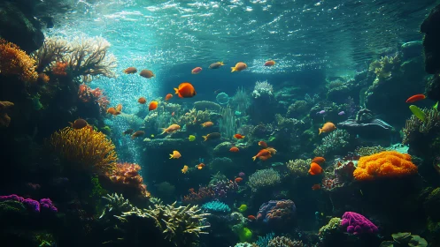 Luminescent coral reef ecosystem with schooling tropical fish.
