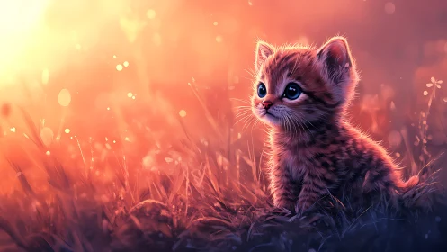 Luminous Kitten in Golden Sunset Field