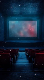 Starlit cinema aisle opening into a dreamy cosmic screen.