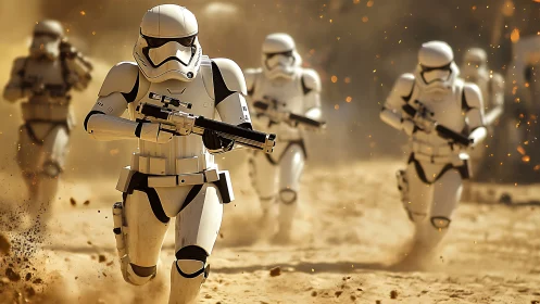 Armored soldiers charging through desert battle haze.