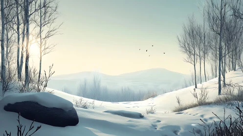 Winter Valley Landscape with Birch Trees Framing Snow-Covered Terrain