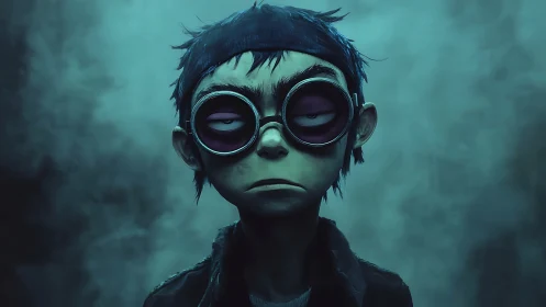 Sleepy goggle kid in teal misty midnight mood.