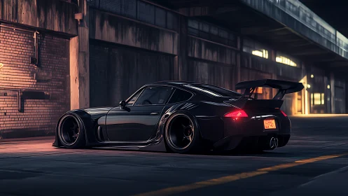 Modified black sports coupe in dim industrial alleyway.