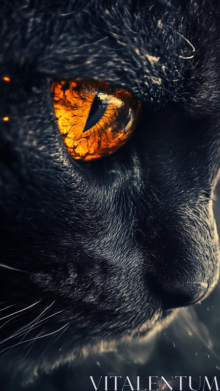 Close-up profile of dark cat with vivid amber eye detail.