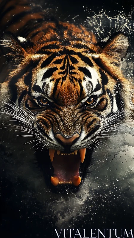 Tiger lunges forward with open jaws and splashing water