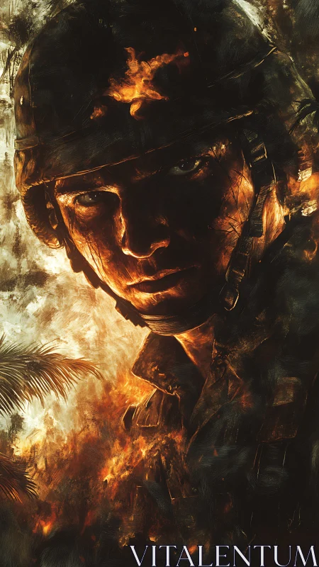 Incandescent combatant portrait in infernal brush-textured blaze.