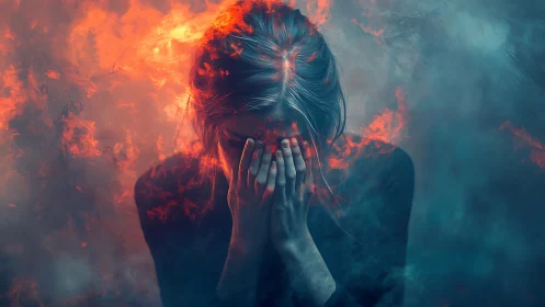 Central female figure engulfed in volumetric fire and smoke field