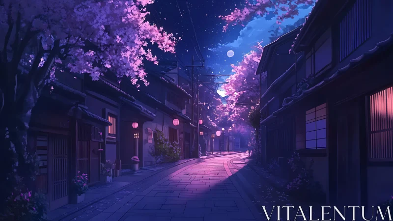 Moonlit sakura lane humming with lanternlit midnight hush.