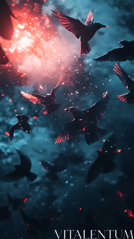 Emberlit Ravens Spiral Through Neon Twilight Sky.