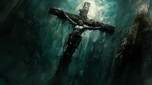 Crucified figure on decayed cross in flooded urban ruins