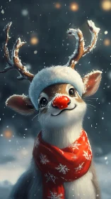 Cute red nosed reindeer in snow with scarf and hat.