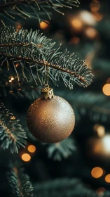 Gold glitter bauble hangs from fir branch with warm bokeh lights