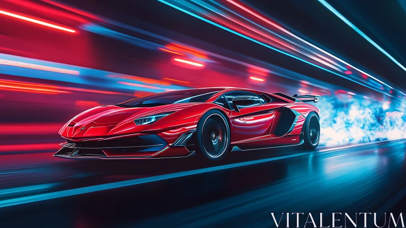 Red hypercar slices neon tunnel with explosive velocity.