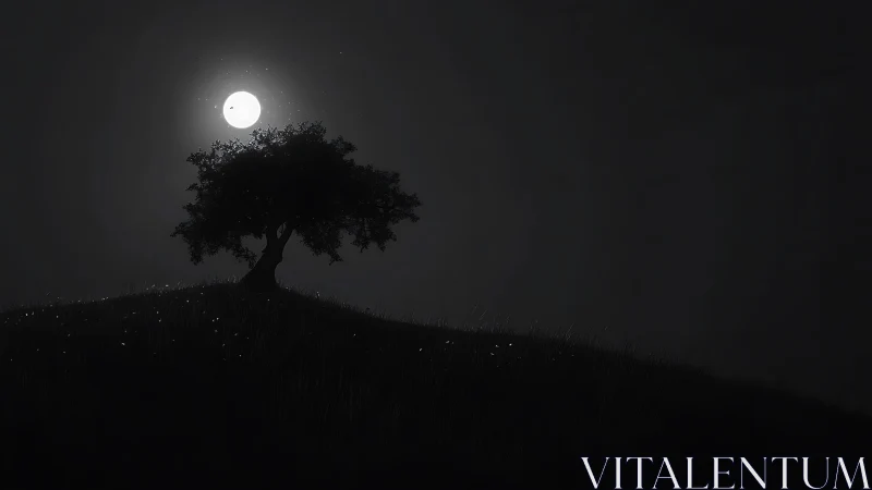 Lone hillside tree under luminous full moonlit night