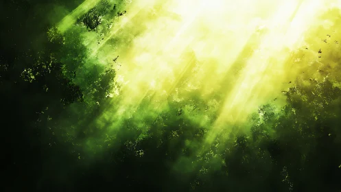 Sunlit forest canopy dissolves into luminous green mist