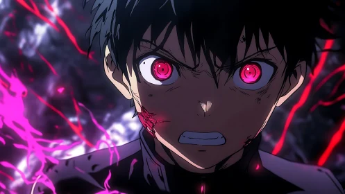Intense anime combatant with luminescent magenta ocular surge.