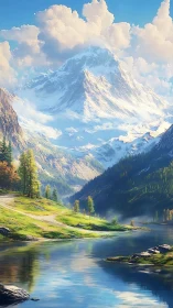 Snowcapped alpine peak above reflective mountain lake.