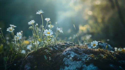Daisies growing on moss-covered rock in soft morning light.