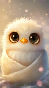 Fluffy white chick gazes up with glowing, hopeful eyes