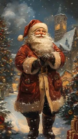 Victorian Santa Claus in snowy village square at twilight