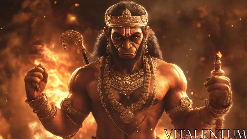 Divine warrior monkey god stands amid blazing golden fire