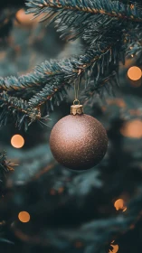 Gold glitter bauble on fir branch with warm bokeh lights