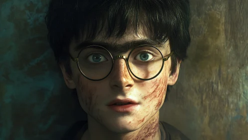 Wide eyed young hero with messy hair and worn glasses.