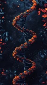 Floral DNA helix glows against deep cosmic night sky.