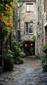 Stone courtyard passageway under warm lamplight glow.