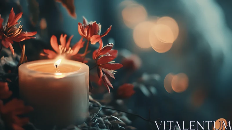 Soft candlelight glows among red flowers in tranquil dusk