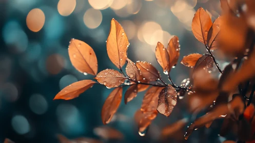 Golden autumn leaves glisten softly against teal bokeh.