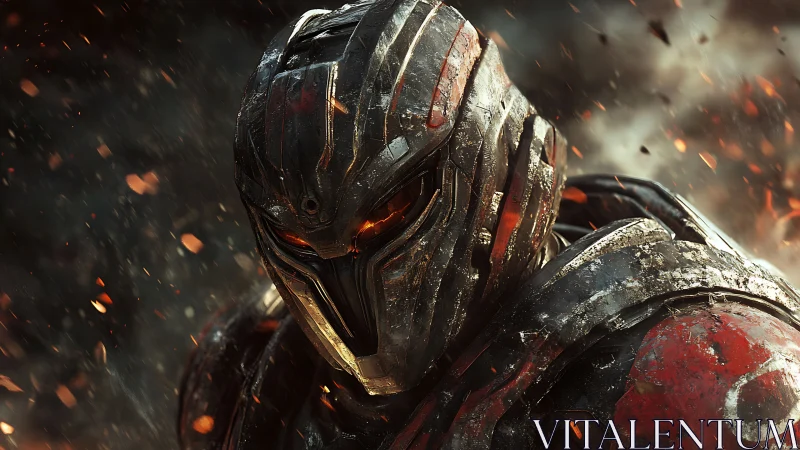 Battle worn sci fi warrior glowing in swirling embers.