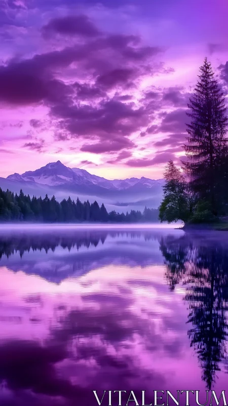 Vibrant purple mountain lake glows under a dreamy sunset