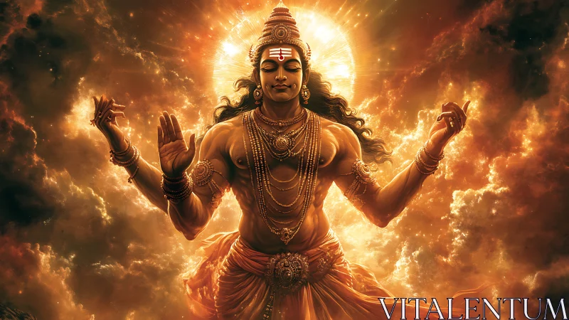 Divine multi-armed deity in radiant golden cosmic clouds.