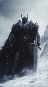 Armored dark warrior standing with sword in snowstorm.