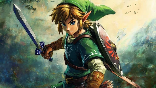 Elf warrior in green tunic with sword and shield poised.